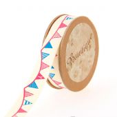Nastro di cotone su una bobina - Bowtique - Nastro di cotone ecru con gagliardetti - 15 mm x 5 m