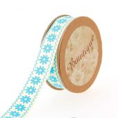 Nastro di cotone su una bobina - Bowtique - Nastro di cotone bianco sporco con fiori blu - 15 mm x 5 m