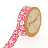 Nastro di cotone su una bobina - Bowtique - Nastro di cotone rosa con fiori bianchi - 15 mm x 5 m