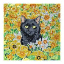 Carta con ricamo a diamante - Crystal Art D.I.Y - Gatto nero tra i fiori