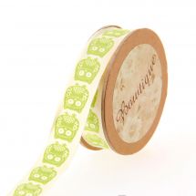 Nastro di cotone su una bobina - Bowtique - Nastro di cotone stampato gufo verde - 15 mm x 5 m