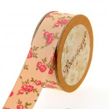 Bobina Grana grossa - Bowtique - Gros Grain rose stampate ecru - 20 mm x 5 m