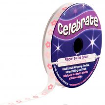 Raso su un rotolo - Celebrate - Raso bianco con stampa di fiori rosa - 6 mm x 4 m